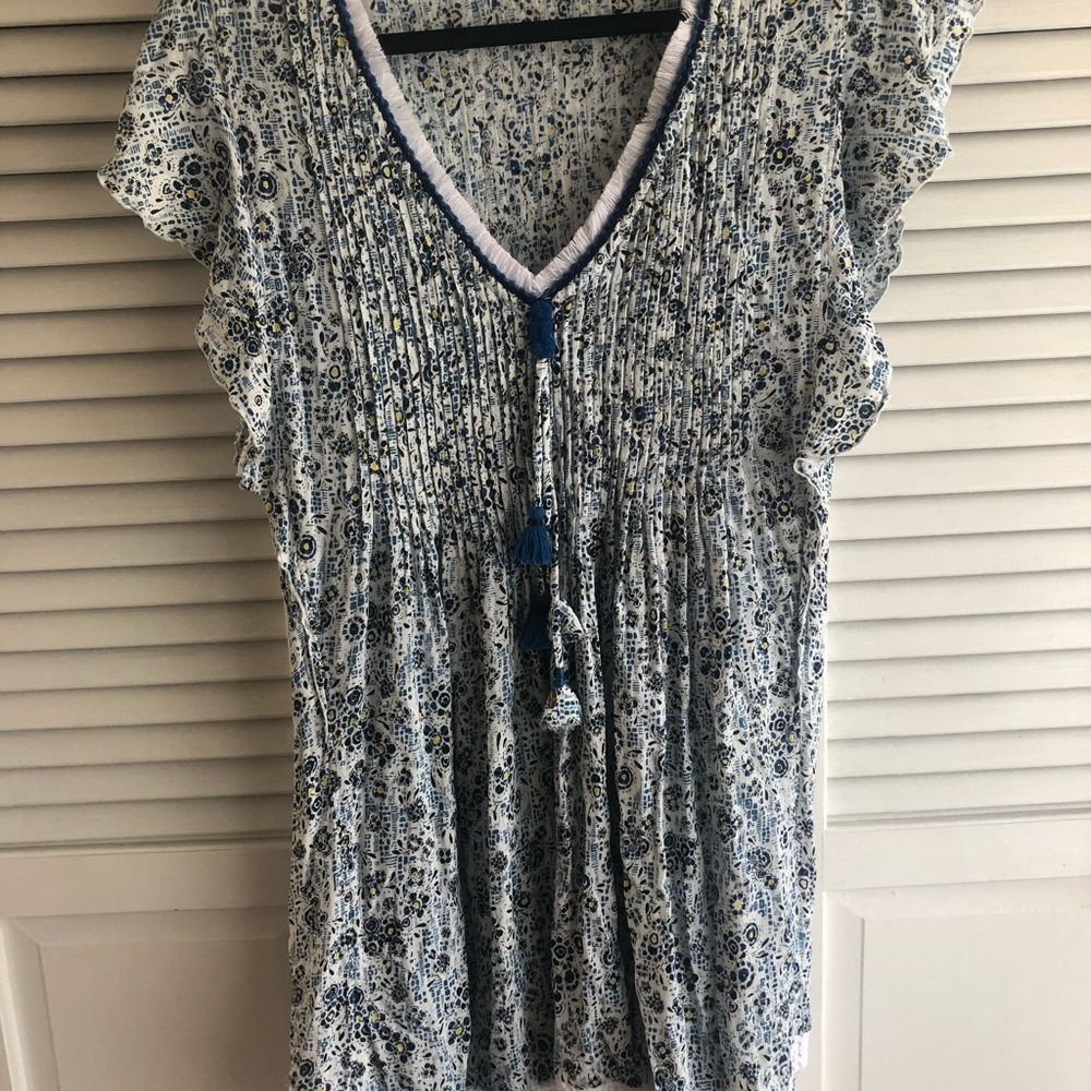 Poupette St Barth Flutter Sleeve Summer Dress White/Blue/Yellow Size M